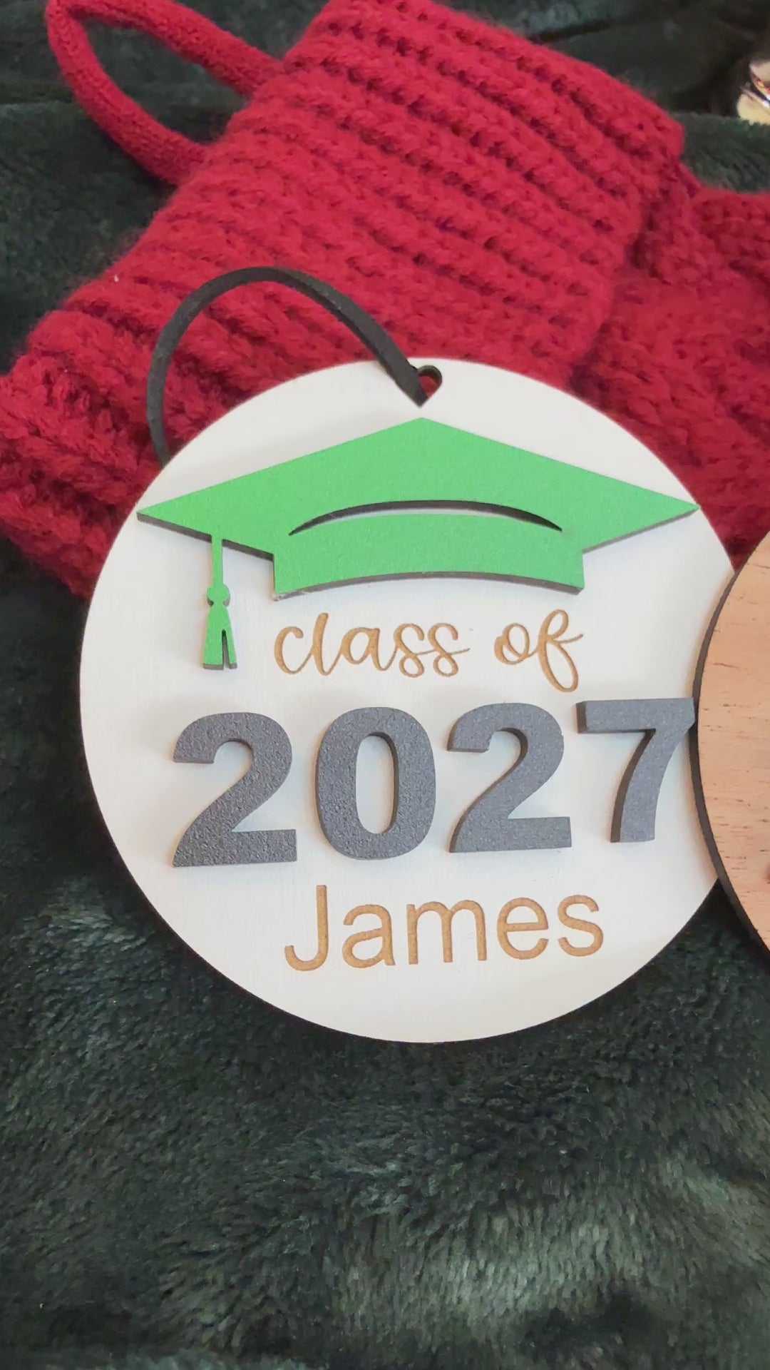 Personalized Class of 2027 ornaments in 4 wood finishes and 14 school colors