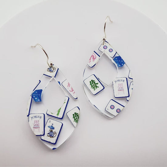Blue and White Teardrop Mahjong Earrings on Silver Stainless Steel Earring Hooks