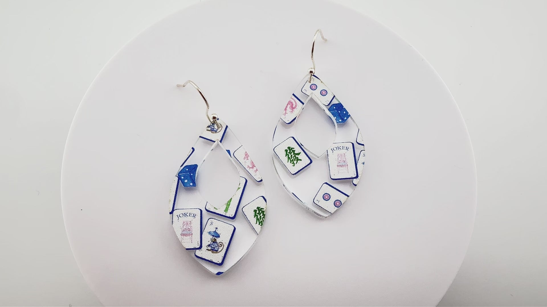 Blue and White Teardrop Mahjong Earrings on Silver Stainless Steel Earring Hooks
