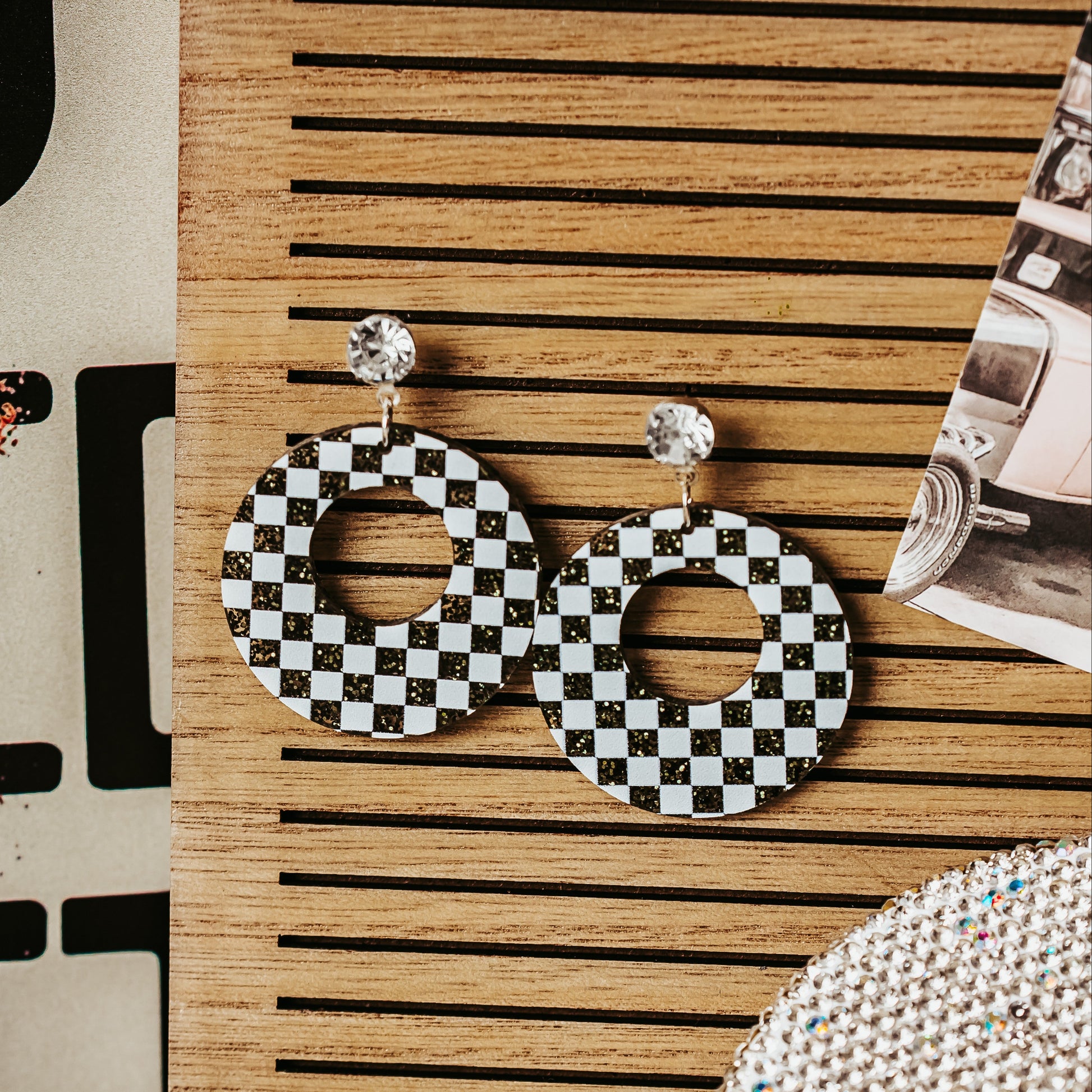 White and Black Checkered Circle Dangle Earrings on Rhinestone Studs, Racing Dangle Earrings