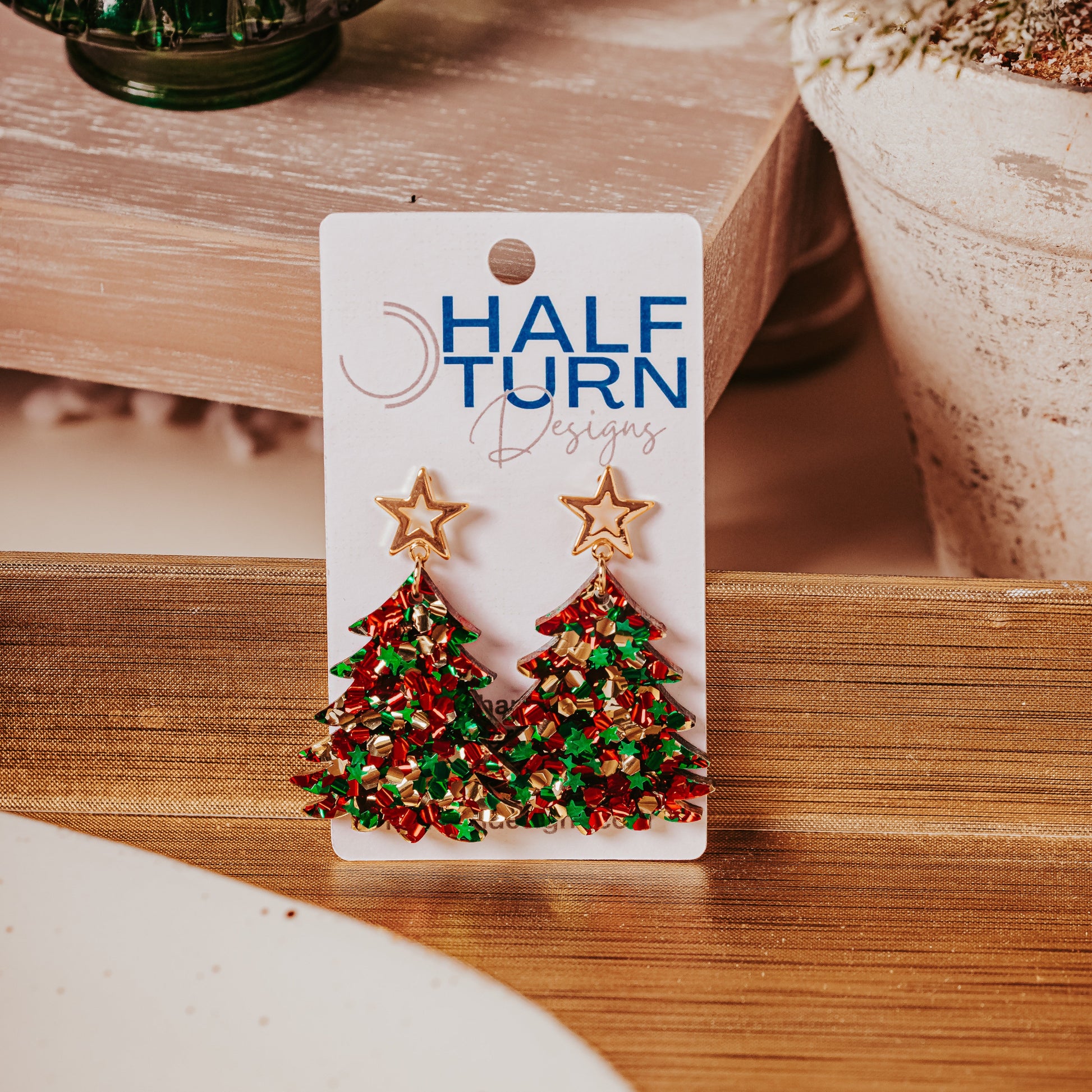 Red, Green & Gold Glitter Christmas Tree Earrings adorned with gold star by Half Turn Designs