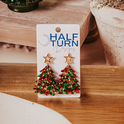 Red, Green & Gold Glitter Christmas Tree Earrings adorned with gold star by Half Turn Designs
