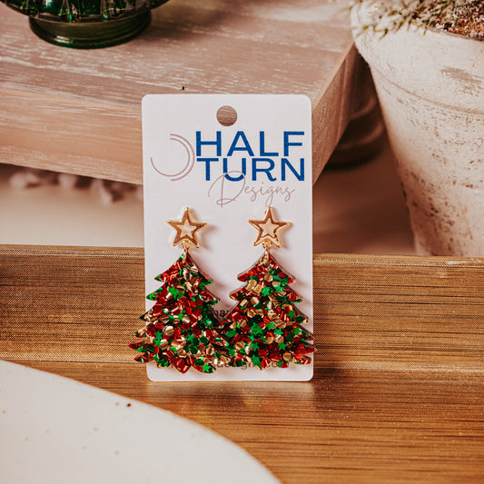 Red, Green & Gold Glitter Christmas Tree Earrings adorned with gold star by Half Turn Designs