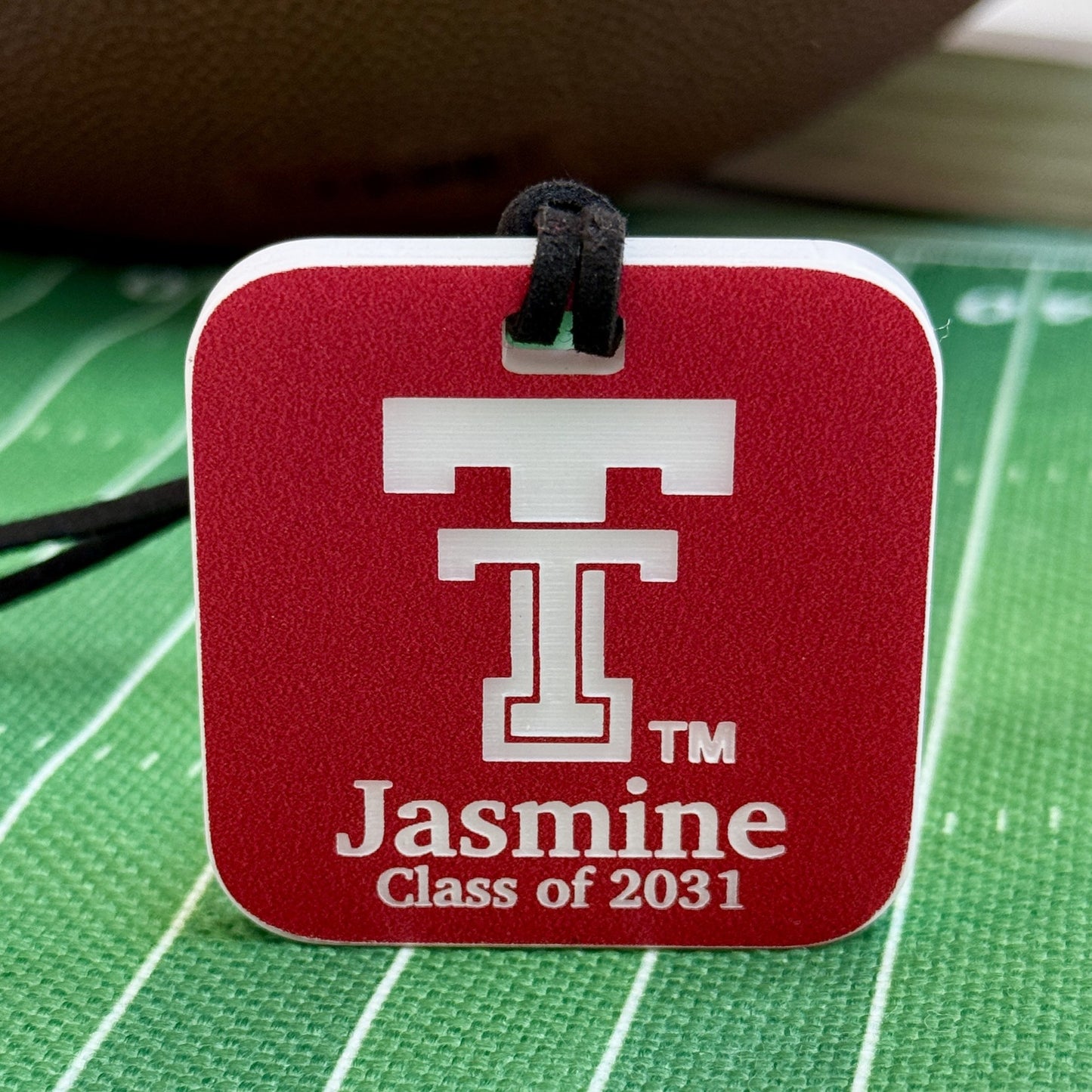 Red Raiders bag tag with updated Texas Tech logo in 1/4" TTU Red Acrylic