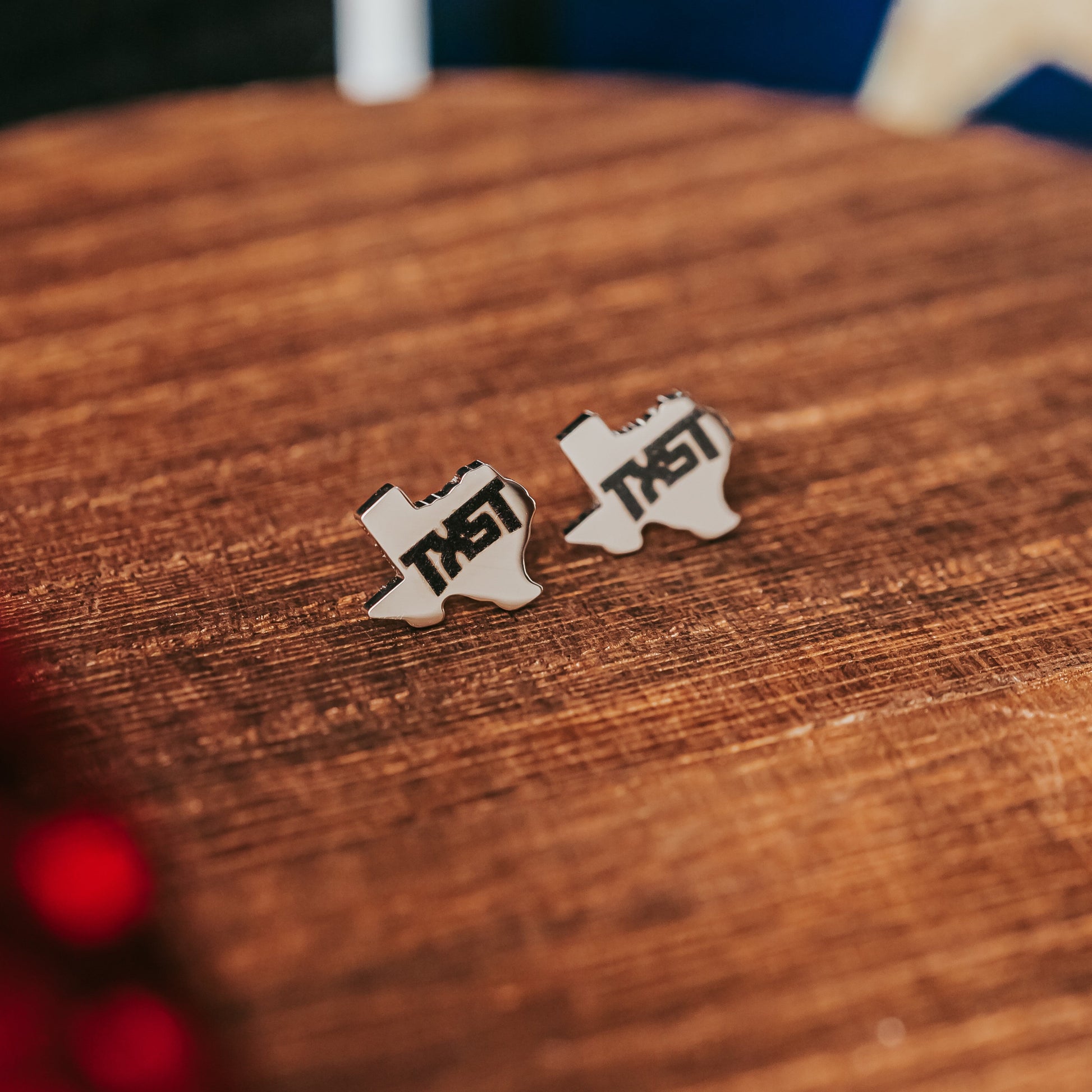 Silver Texas State engraved TXST stainless steel stud earrings 
