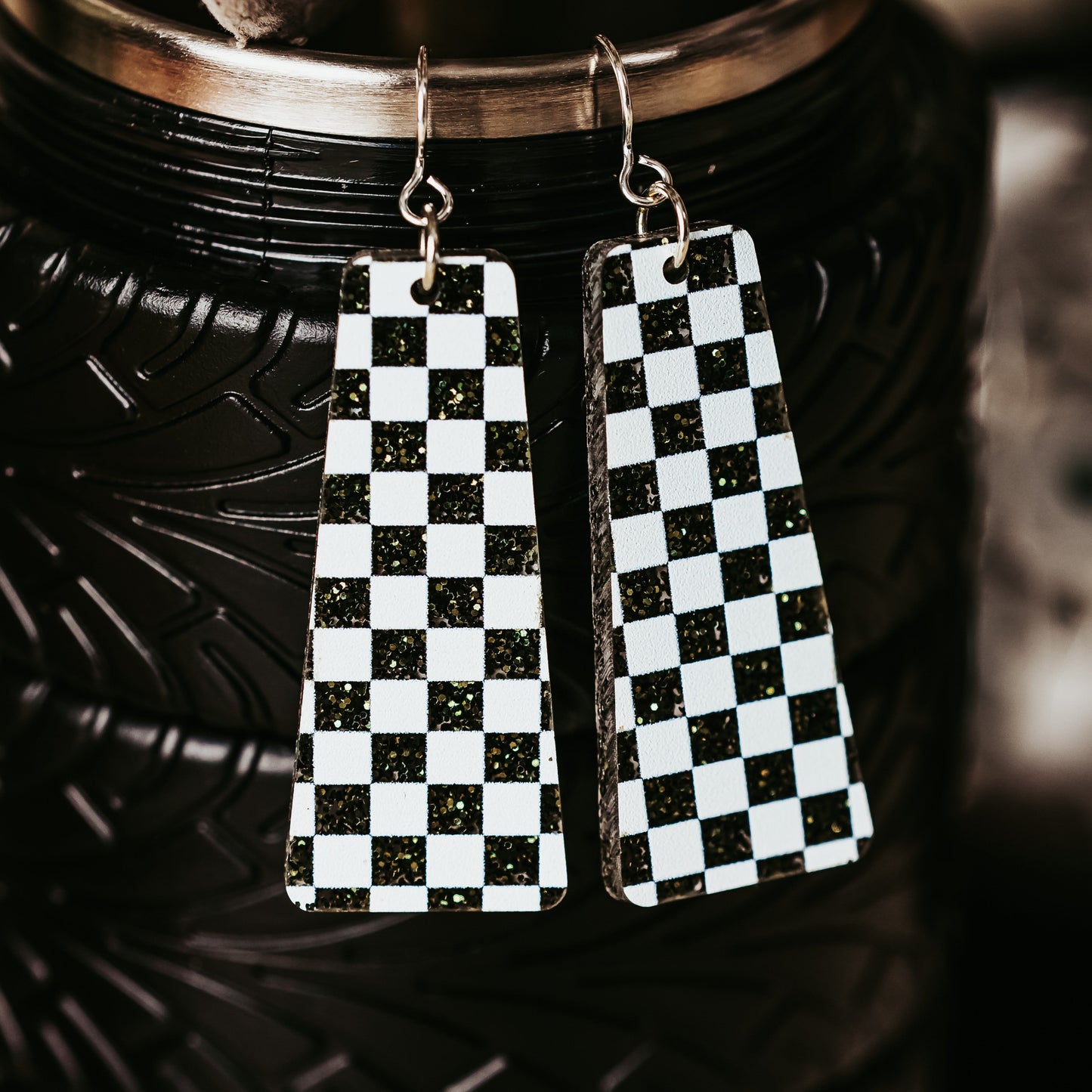 sporty racing inspired earrings in black and white checkered pattern and bar shape