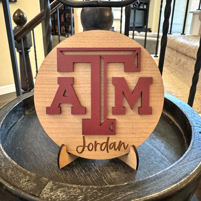 Personalized Texas A&M wooden sign in Cherry finish with maroon TAMU logo and custom engraved name, perfect as an Aggie gift, Dorm decor, Ring Day decor or graduation keepsake.