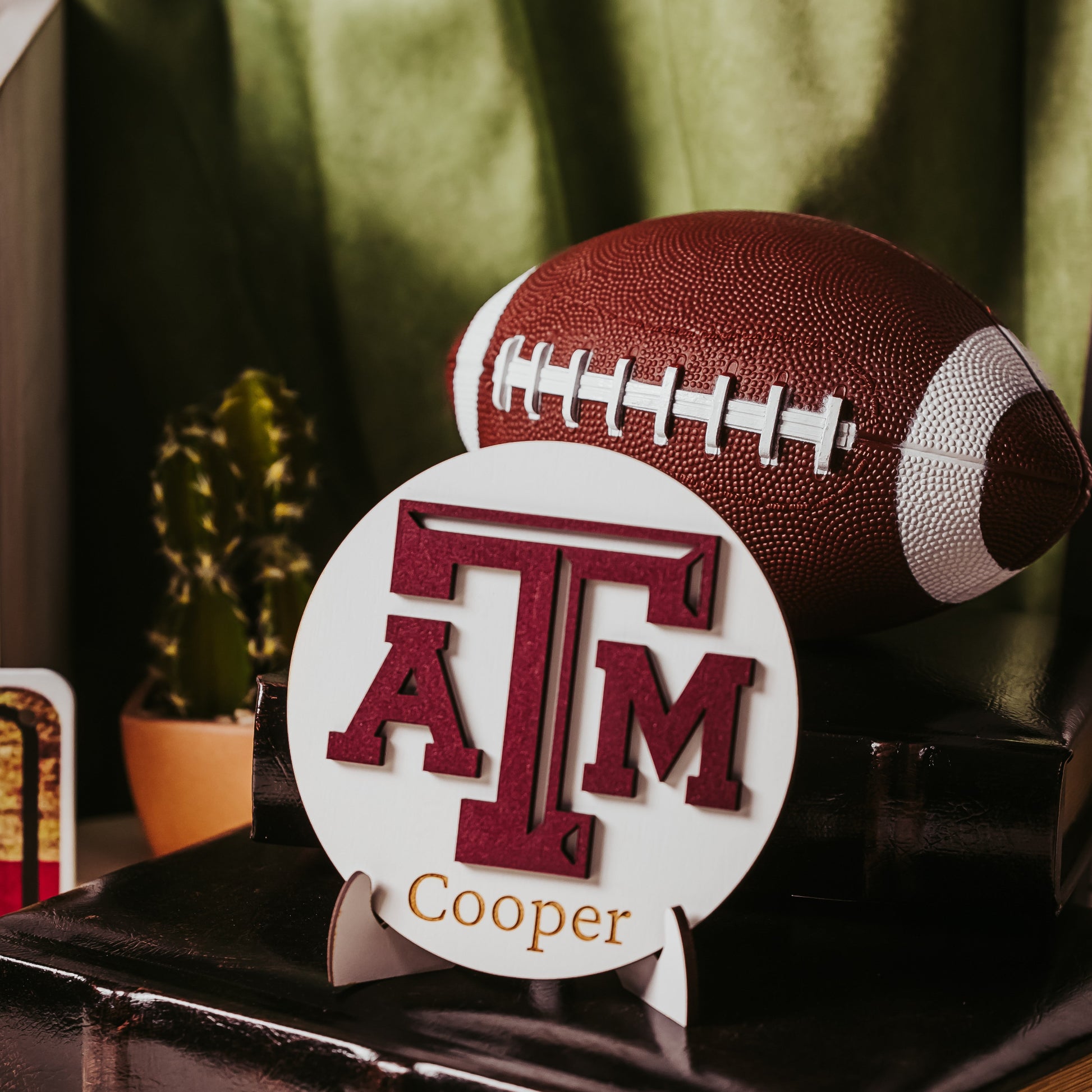 Personalized Texas A&M white wooden sign with maroon TAMU logo and custom engraved name, perfect as an Aggie gift, Dorm decor, Ring Day decor or graduation keepsake.