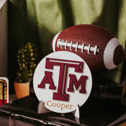 Personalized Texas A&M white wooden sign with maroon TAMU logo and custom engraved name, perfect as an Aggie gift, Dorm decor, Ring Day decor or graduation keepsake.