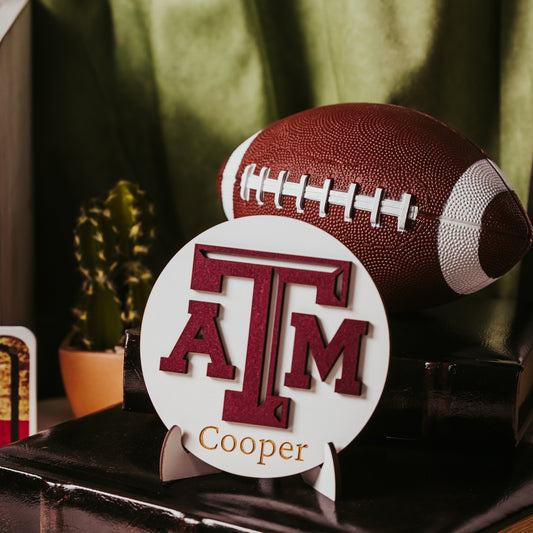 Personalized Texas A&M white wooden sign with maroon TAMU logo and custom engraved name, perfect as an Aggie gift, Dorm decor, Ring Day decor or graduation keepsake.