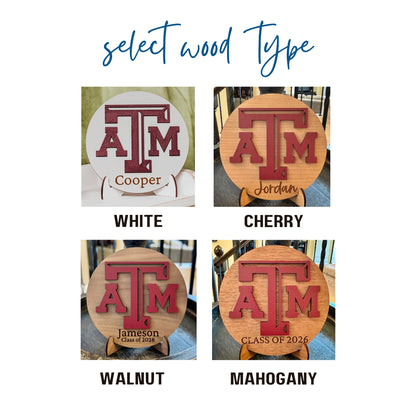 Wood type options for personalized Texas A&M sign available in White, Cherry, Walnut and Mahogany finish with maroon TAMU logo and custom engraved name, perfect as an Aggie gift, Dorm decor, Ring Day decor or graduation keepsake.