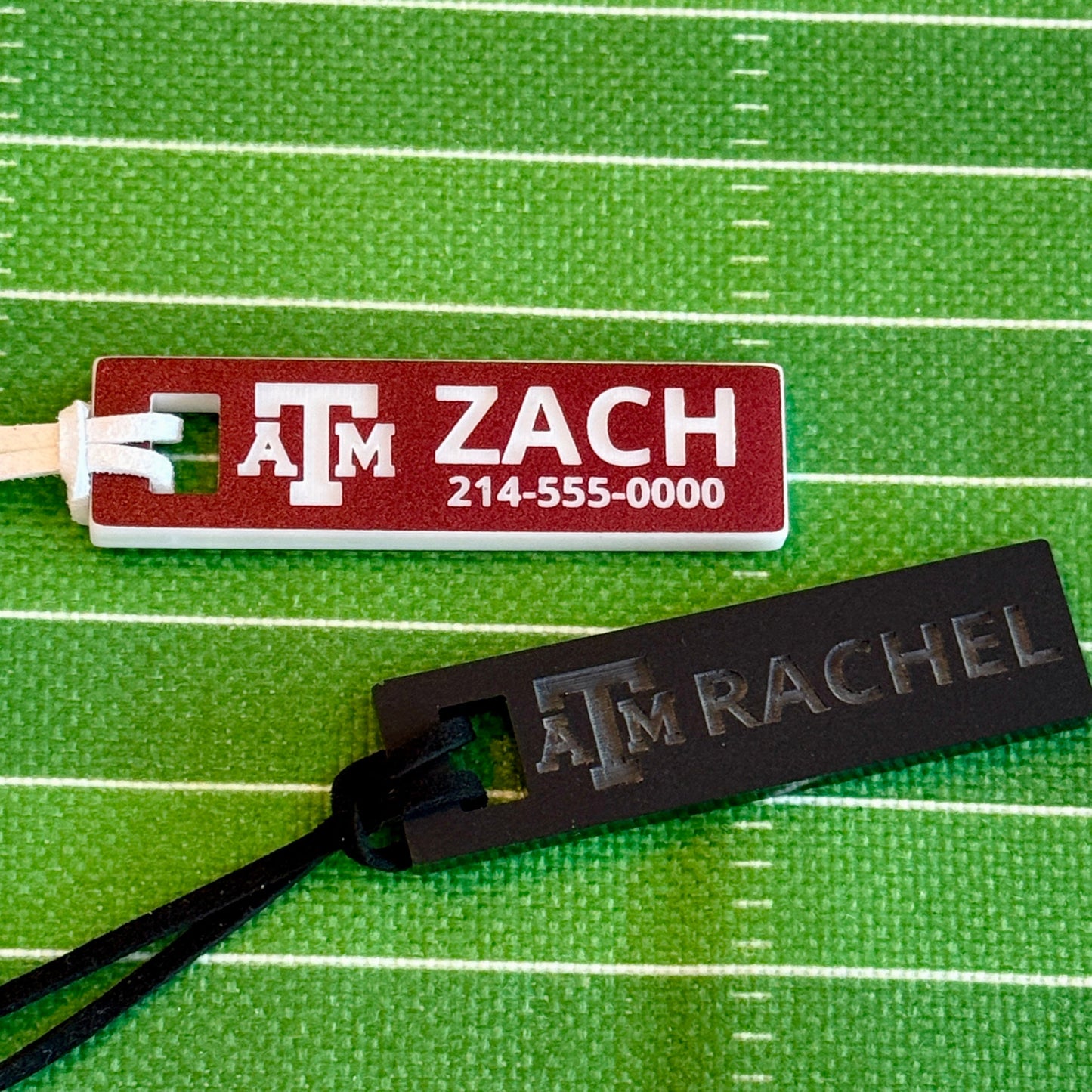 Officially licensed Texas A&M luggage and bag tags in rectangular shape, measuring 2.75x0.75".  These acrylic luggage and bag tags are personalized with 1-2 lines of text and come in 1/8" or 1/4" width.  Luggage tag colors include Clear, Frosted, Opaque Black, Shiny Black, Maroon that engraves white and Black that engraves white. Maroon that engraves White and Opaque Black options shown here.