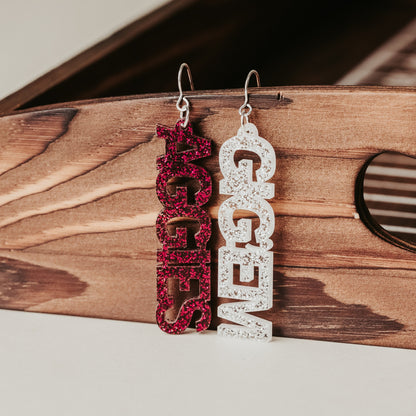 Texas A&M University mini mix & match dangles earrings in maroon and white glitter.  Phrases available include aggies, gig 'em, howdy and whoop