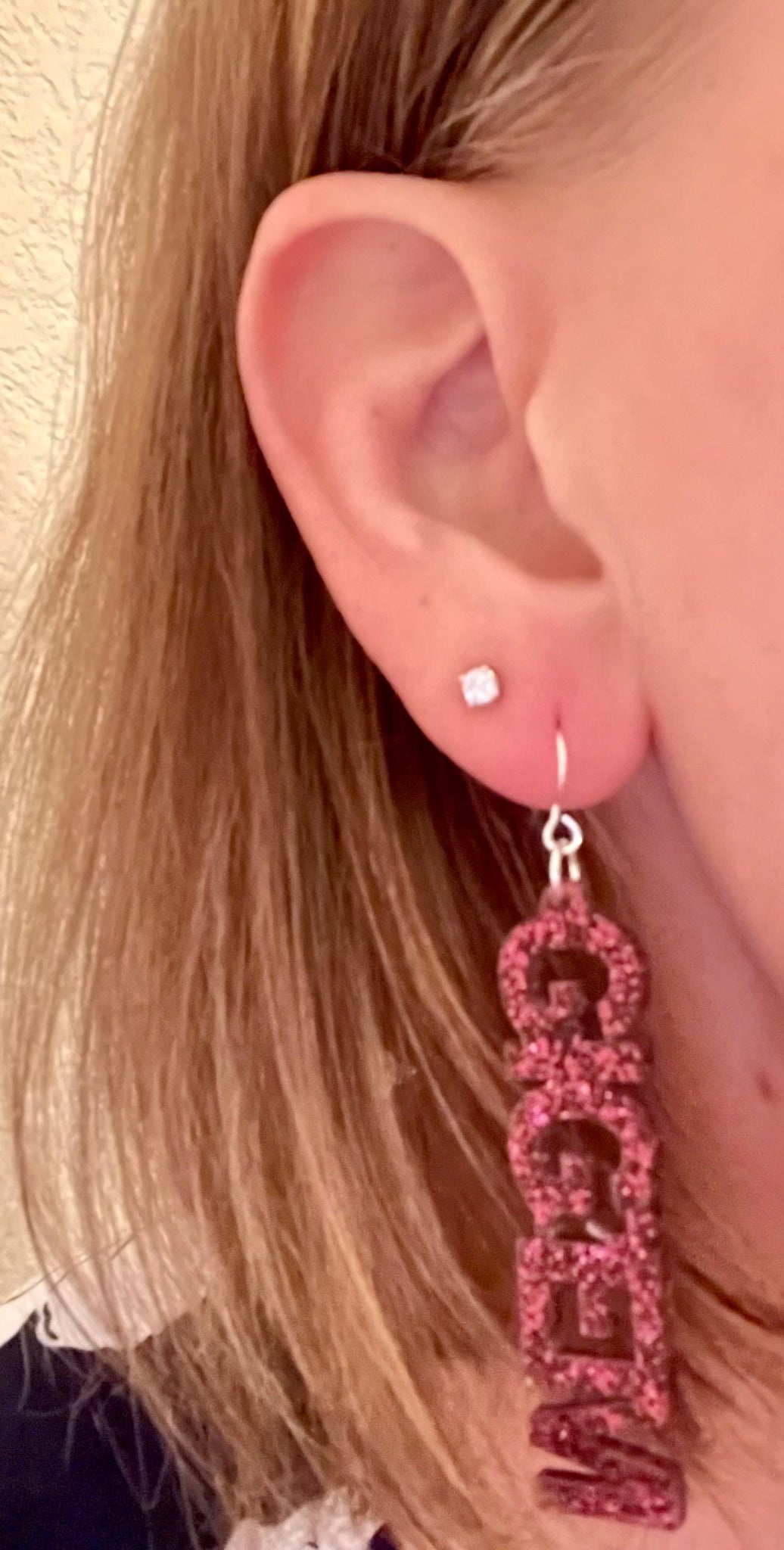 Texas A&M University mini mix & match dangles earrings in maroon and white glitter.  Phrases available include aggies, gig 'em, howdy and whoop