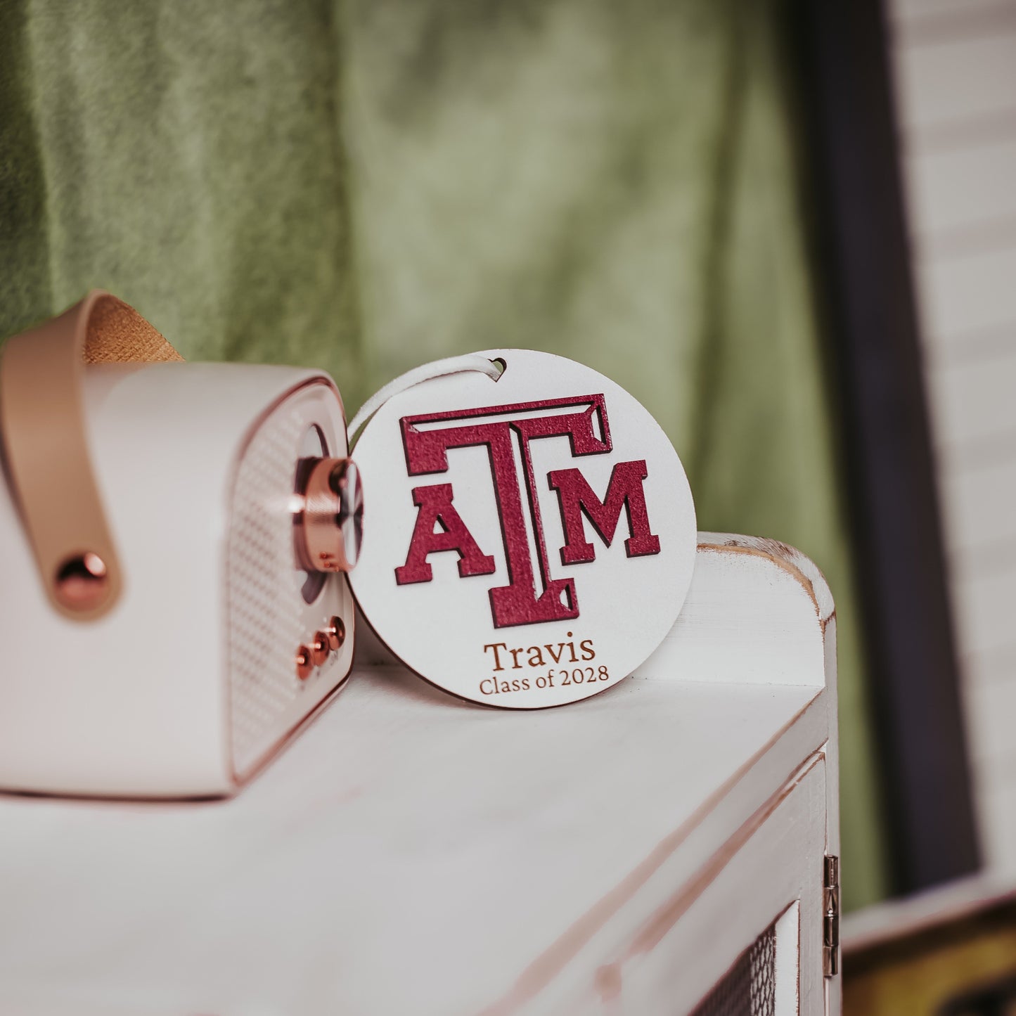 Texas A&M personalized wooden ornament. Available in four wood types - Cherry, Mahogany, Walnut and White wood. Officially licensed by Half Turn Designs.  Shown here in White wood