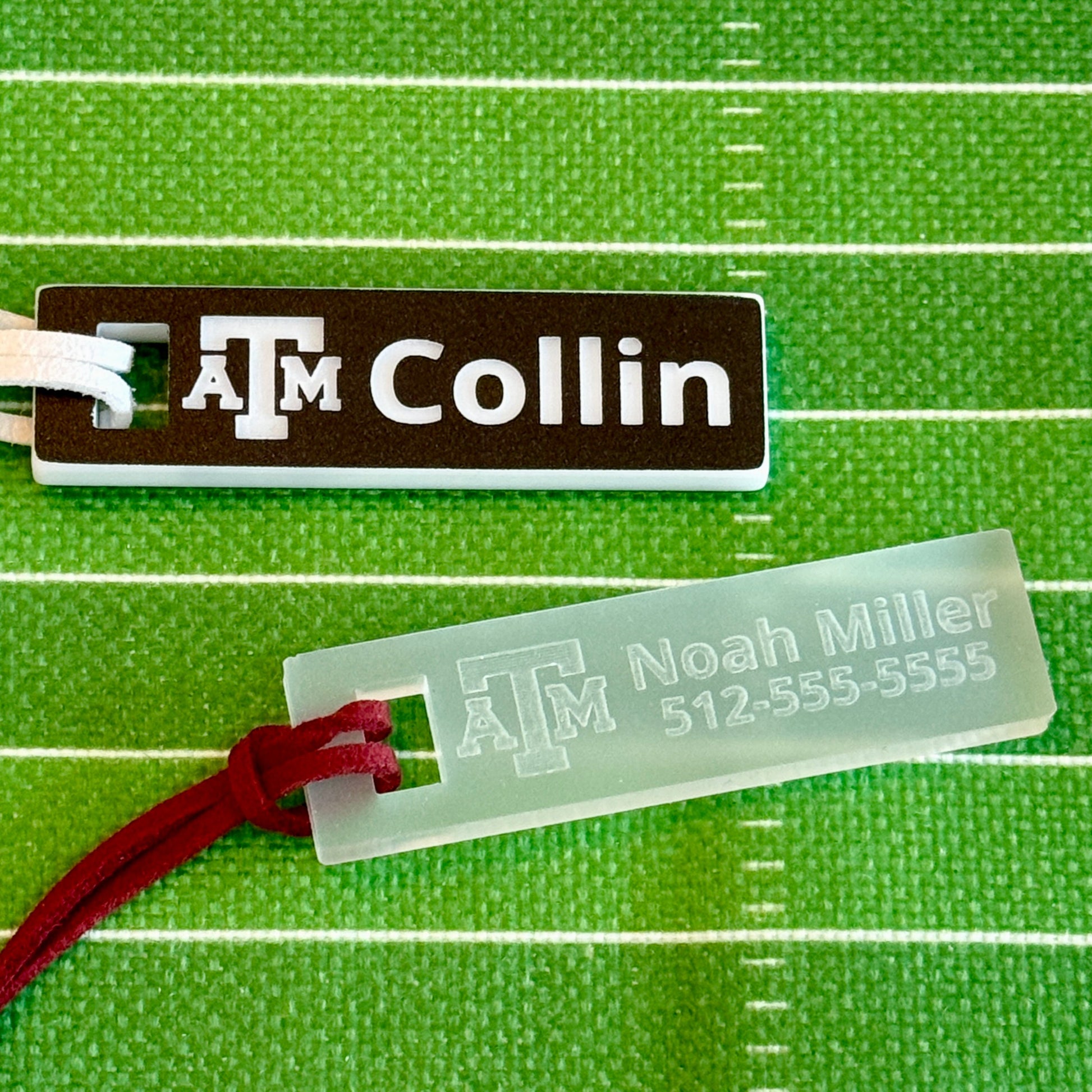 Officially licensed Texas A&M luggage and bag tags in rectangular shape, measuring 2.75x0.75".  These acrylic luggage and bag tags are personalized with 1-2 lines of text and come in 1/8" or 1/4" width.  Luggage tag colors include Clear, Frosted, Opaque Black, Shiny Black, Maroon that engraves white and Black that engraves white. Black that engraves white and frosted options shown here