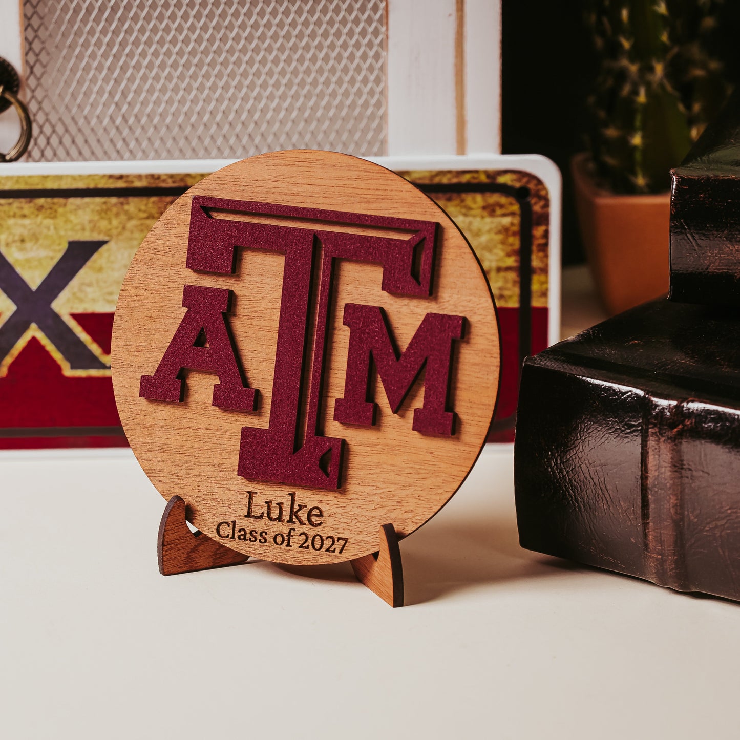Personalized Texas A&M wooden sign in mahogany finish with maroon TAMU logo and custom engraved name, perfect as an Aggie gift, Dorm decor, Ring Day decor or graduation keepsake.