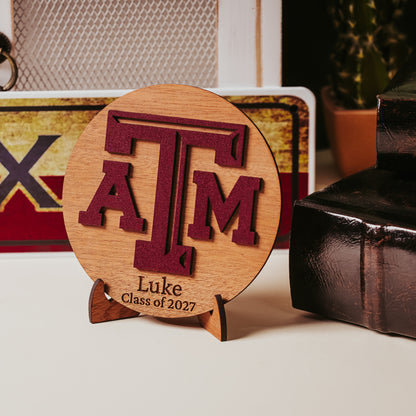 Personalized Texas A&M wooden sign in mahogany finish with maroon TAMU logo and custom engraved name, perfect as an Aggie gift, Dorm decor, Ring Day decor or graduation keepsake.