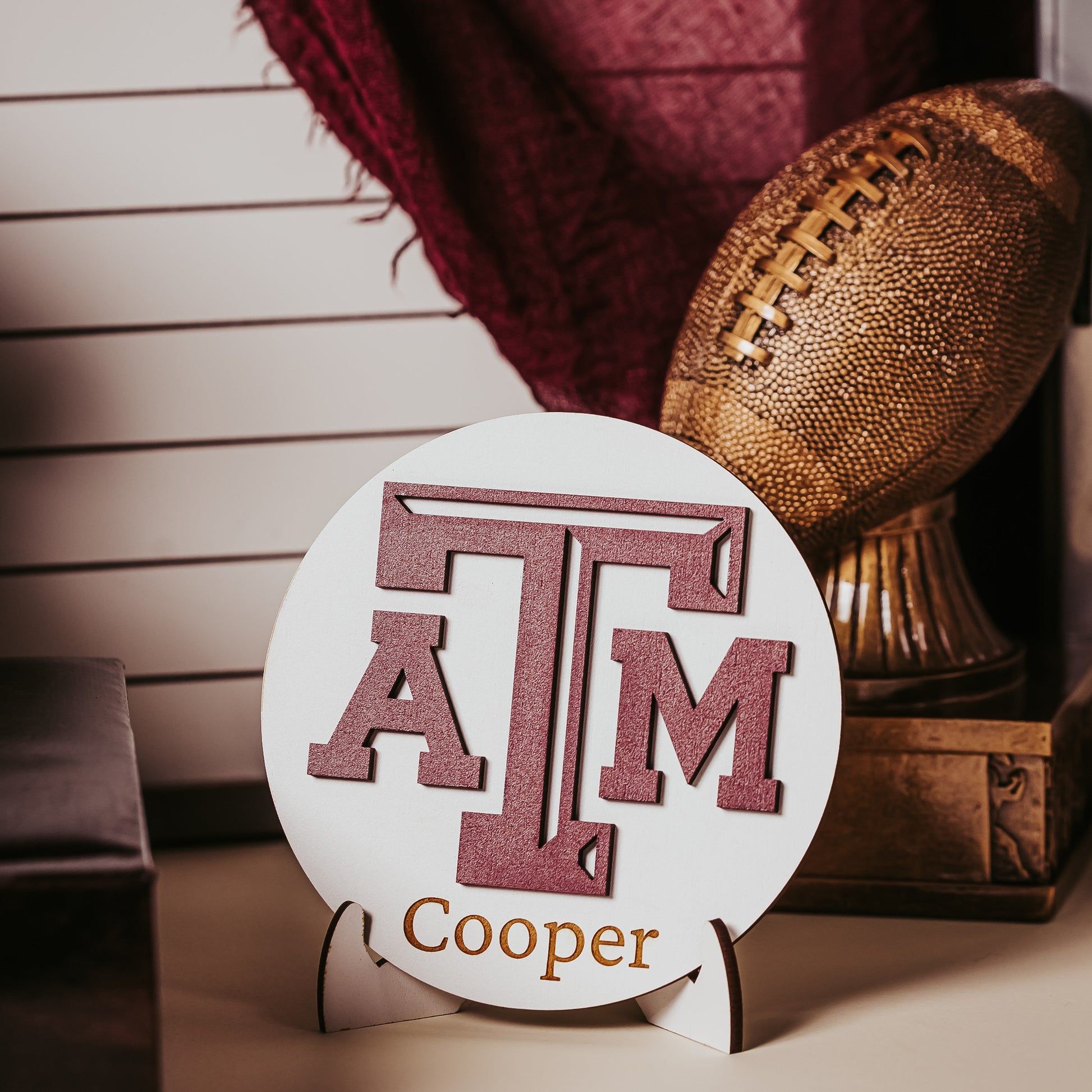 Personalized Texas A&M white wooden sign with maroon TAMU logo and custom engraved name, perfect as an Aggie gift, Dorm decor, Ring Day decor or graduation keepsake.