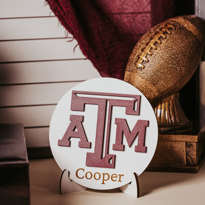 Personalized Texas A&M white wooden sign with maroon TAMU logo and custom engraved name, perfect as an Aggie gift, Dorm decor, Ring Day decor or graduation keepsake.