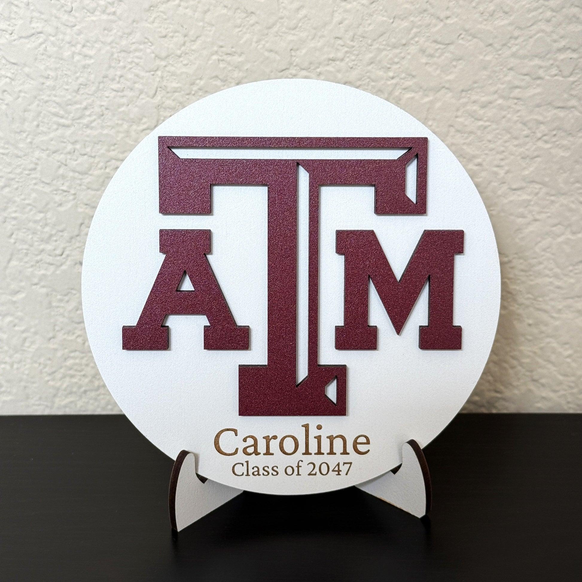 Personalized Texas A&M wooden sign in white finish with maroon TAMU logo and custom engraved name, perfect as an Aggie gift, Dorm decor, Ring Day decor or graduation keepsake.