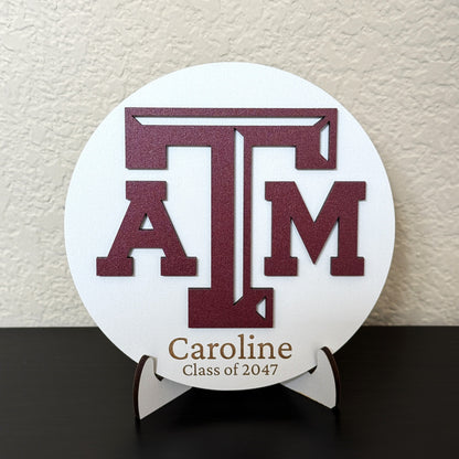 Personalized Texas A&M wooden sign in white finish with maroon TAMU logo and custom engraved name, perfect as an Aggie gift, Dorm decor, Ring Day decor or graduation keepsake.