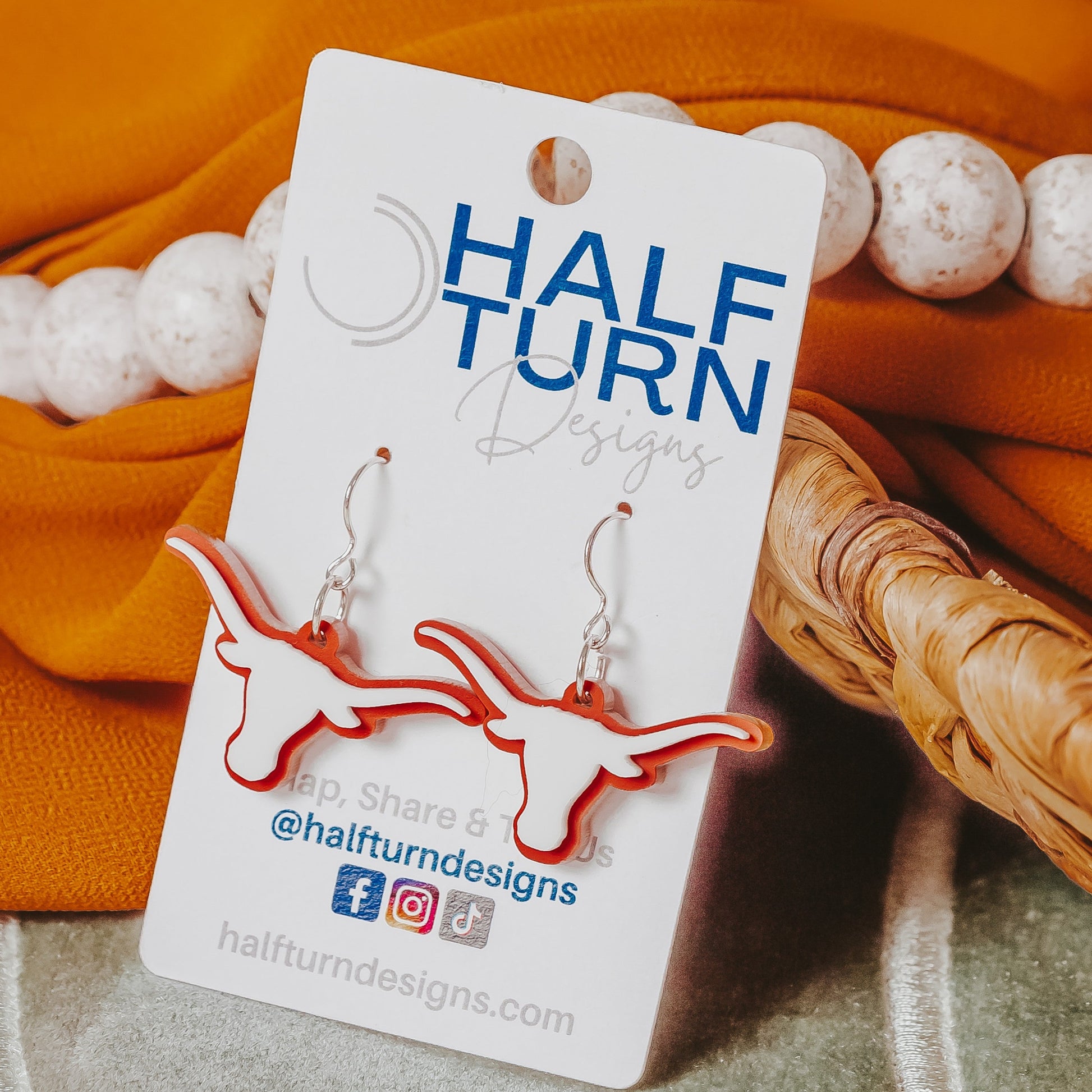 Texas Longhorn Dangle Earrings in Burnt Orange and White