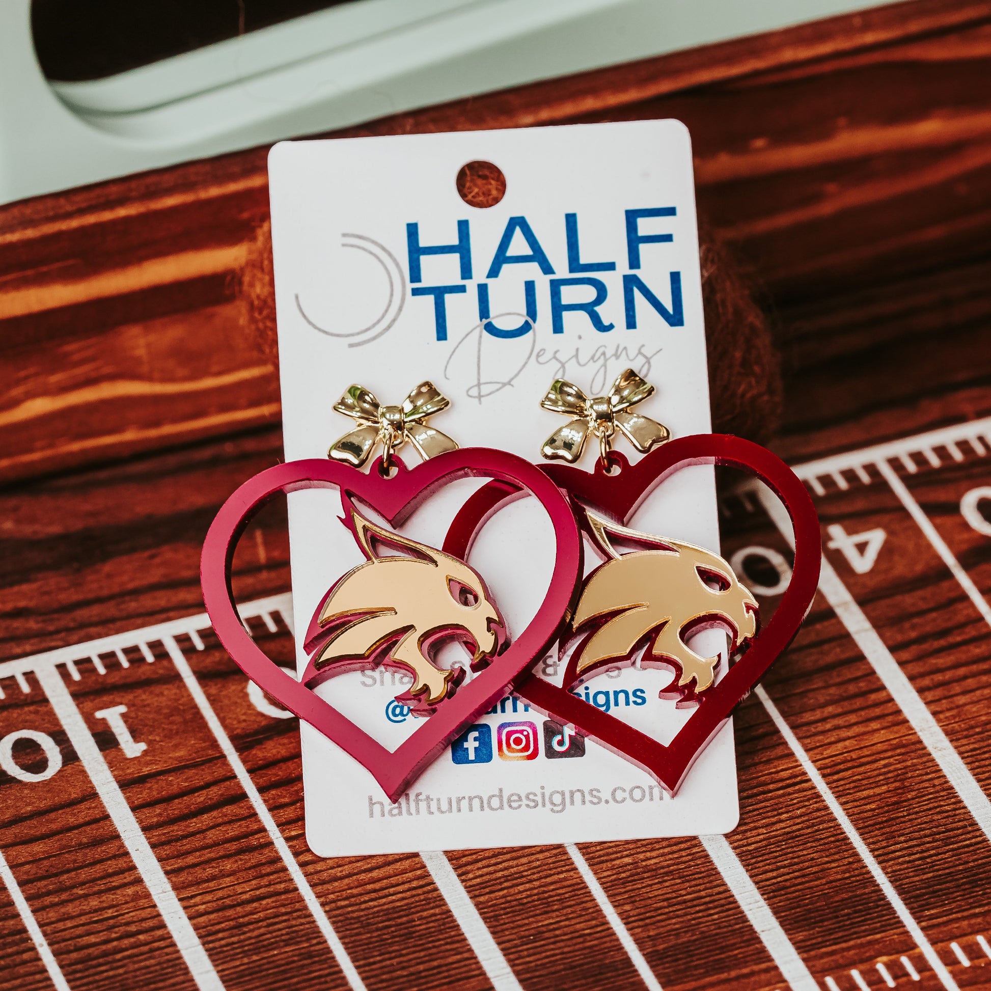 Texas State University Heart Dangle Earrings in TXST Maroon & Gold Acrylic with Bow Stud earrings