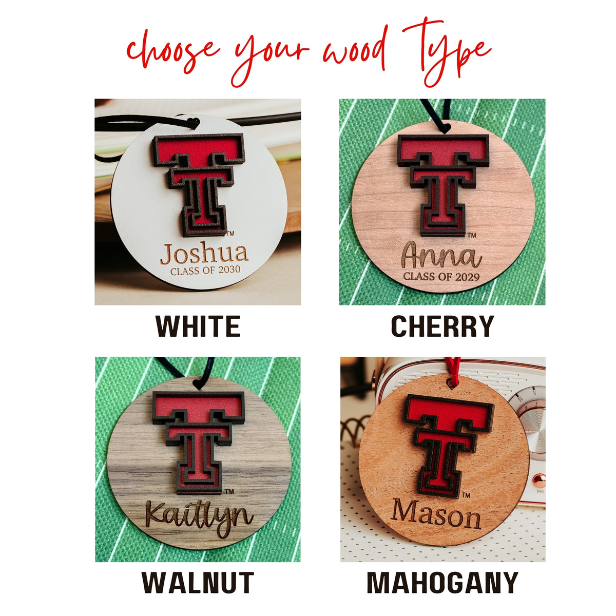 Wood choices for the Texas Tech Double T ornament. Options include White, Cherry, Walnut and Mahogany wood finishes.