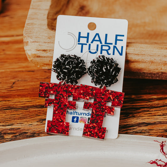 Texas Tech Red Raider Game Day Dangle Earrings in chunky red and black glitter acrylic by Half Turn Designs