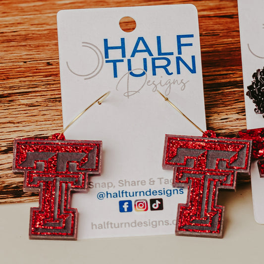 Officially licensed Texas Tech red glitter acrylic earrings with Double T logo by Half Turn Designs