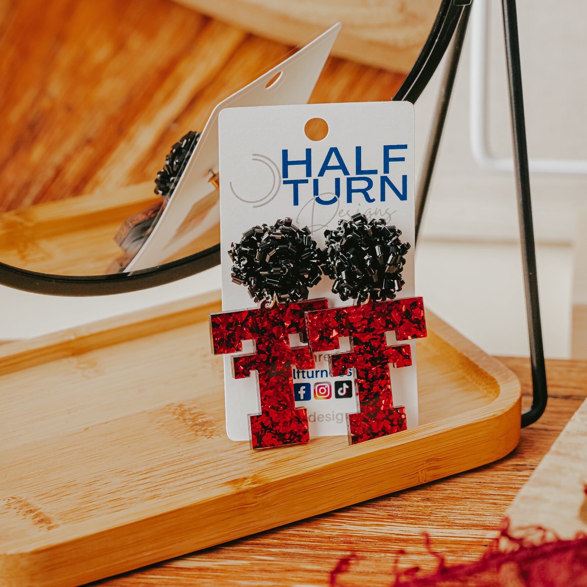 Texas Tech Red Raider Game Day Dangle Earrings in chunky red and black glitter acrylic by Half Turn Designs