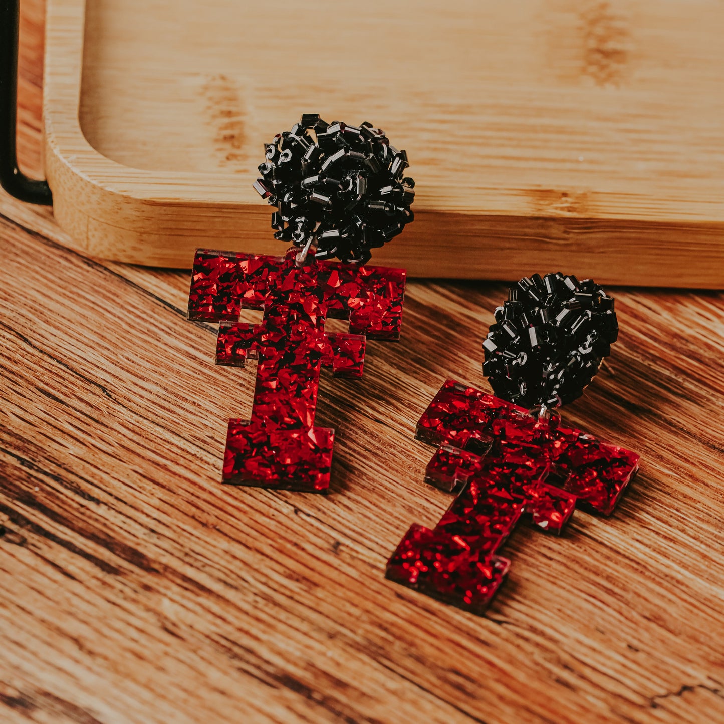 Texas Tech Red Raider Game Day Dangle Earrings in chunky red and black glitter acrylic by Half Turn Designs