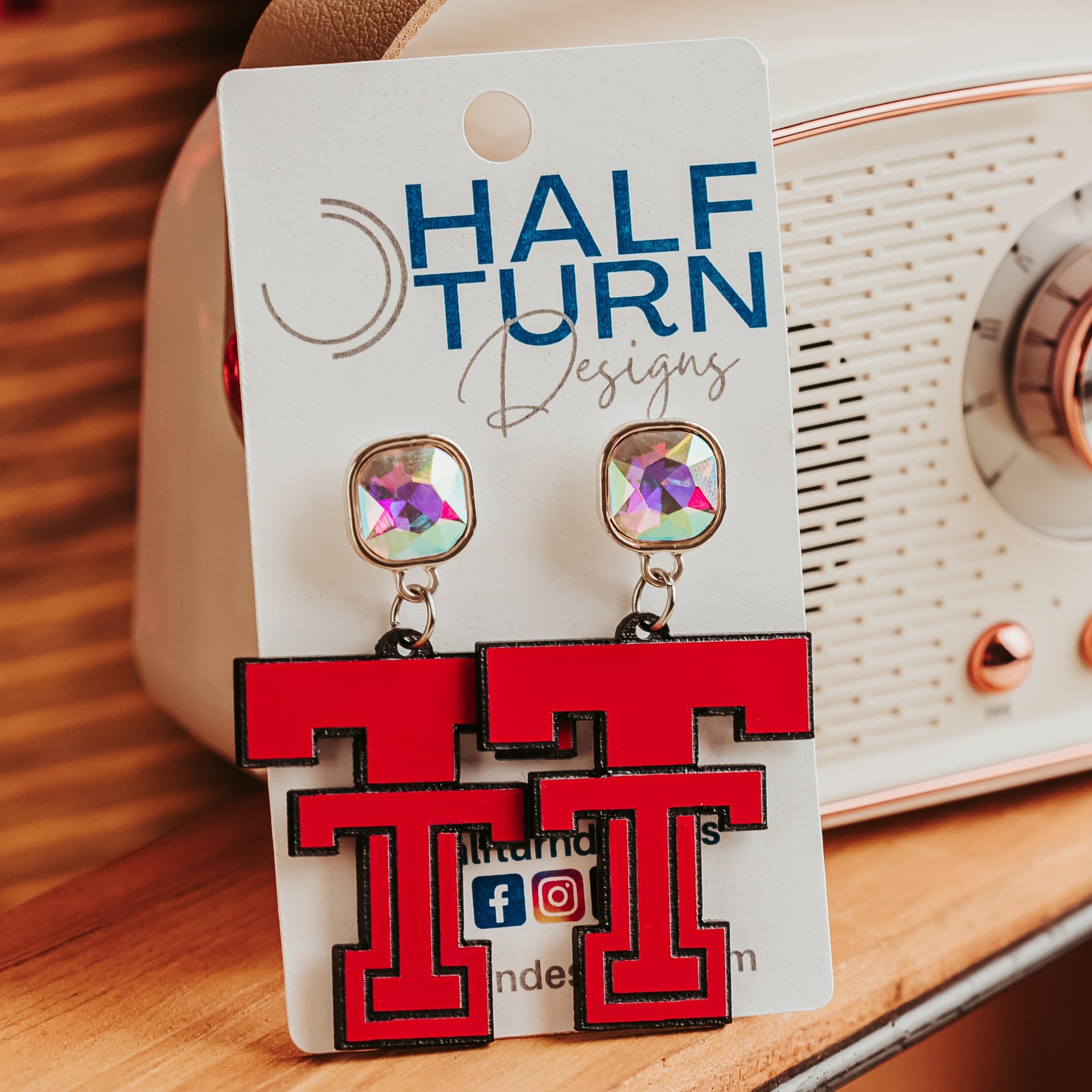 Texas Tech University Red and Black Game Day earrings with AB Iridescent jewel studs, Officially Licensed by Half Turn Designs