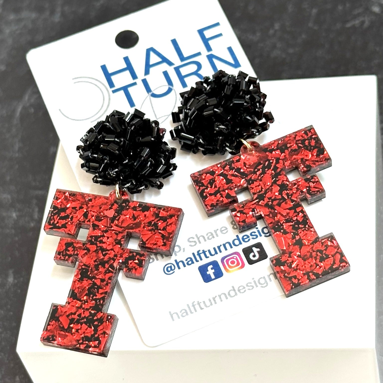 Texas Tech Red Raider Game Day Dangle Earrings in chunky red and black glitter acrylic by Half Turn Designs