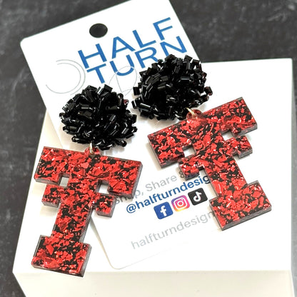Texas Tech Red Raider Game Day Dangle Earrings in chunky red and black glitter acrylic by Half Turn Designs