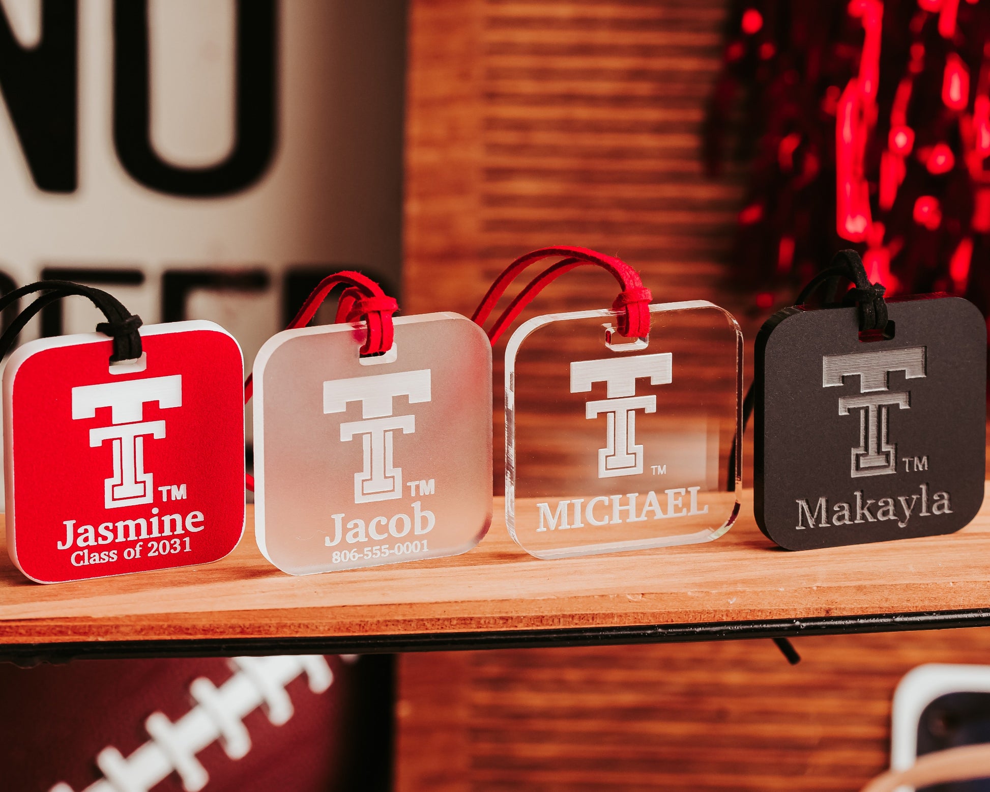 Personalized Texas Tech acrylic luggage tag collection with Double T logo, name and/or graduation year