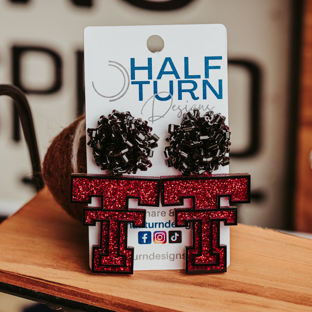 Texas Tech University Game Day Earrings in Red Glitter with Black Bead studs