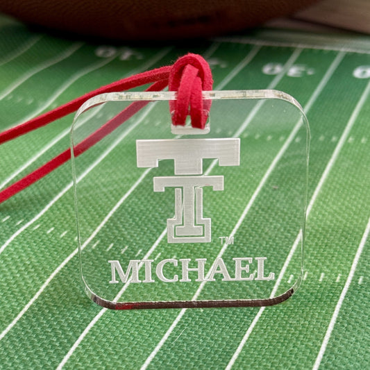 TTU acrylic luggage tag with custom name  in 1/4" clear acrylic