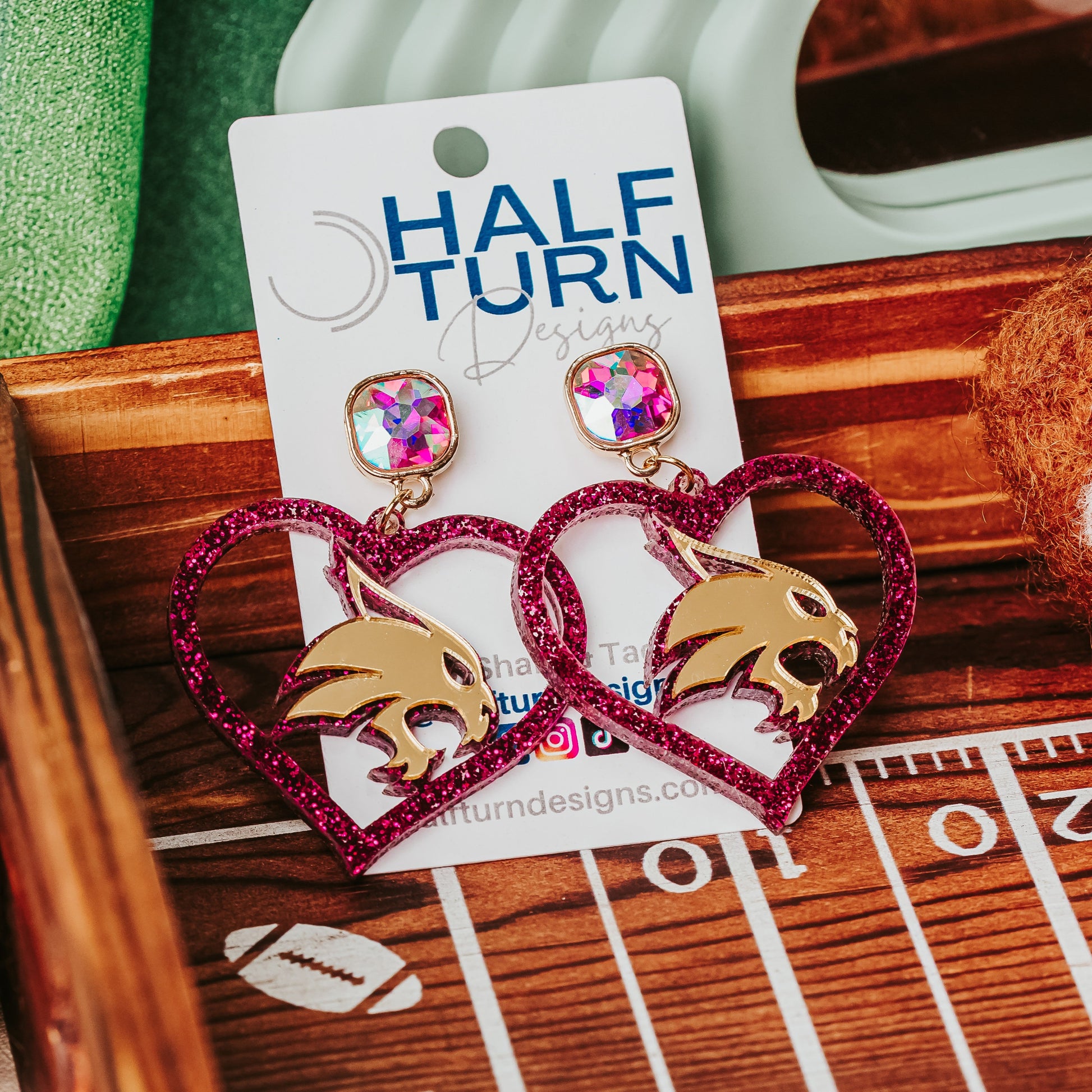 Texas State University Heart Dangle Earrings in Maroon & Gold Acrylic with AB Iridescent Jewel studs.
