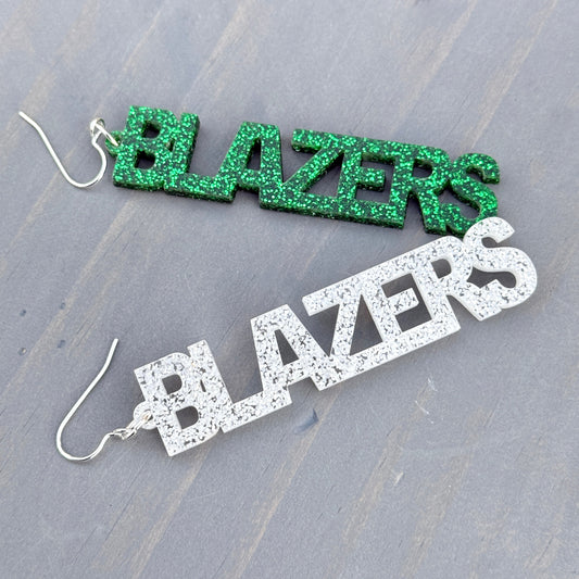 University of Alabama Birmingham licensed earrings spelling Blazers in green and white glitter acrylic
