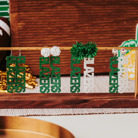 Officially Licensed University of Alabama Birmingham game day earring collection in green and white glitter in your choice of 10 different earrings toppers by Half Turn Designs