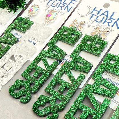 Large University of Alabama Dragons dangle acrylic earrings in green and white glitter