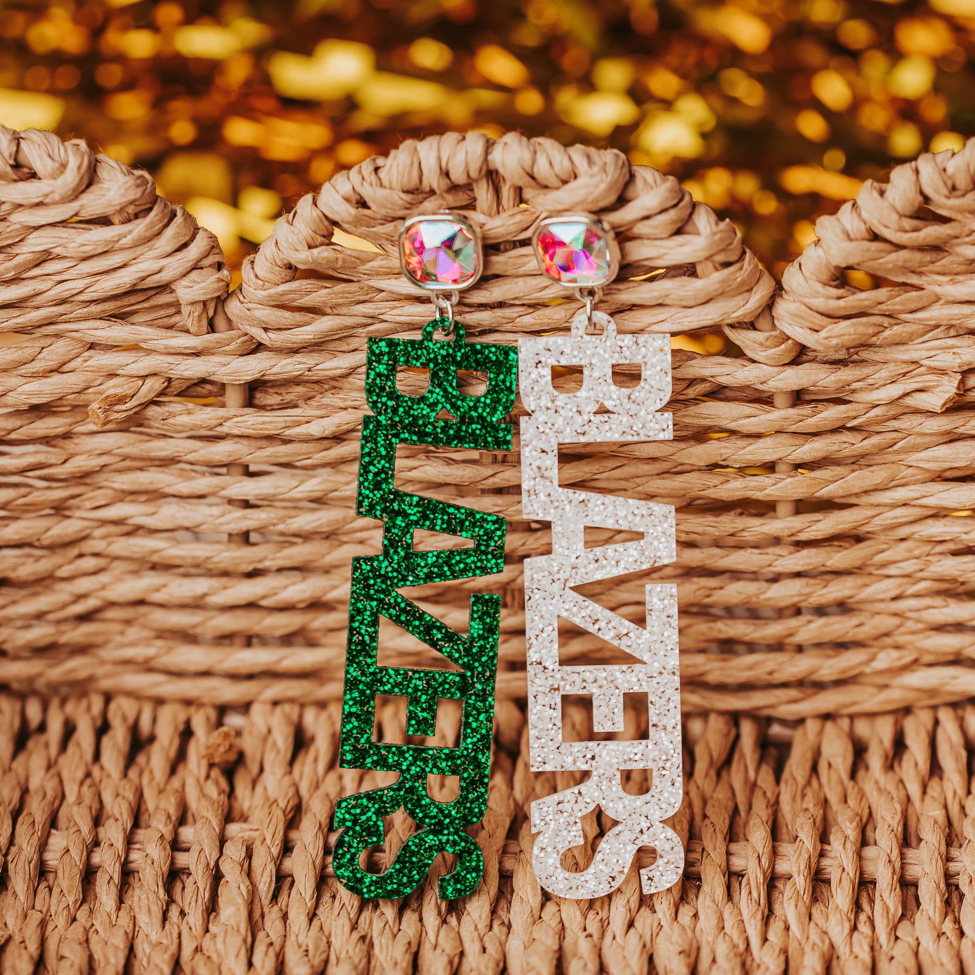 Officially Licensed University of Alabama Birmingham game day earrings in green and white glitter in your choice of 10 different earrings toppers by Half Turn Designs. Shown here with AB Iridescent earring toppers.