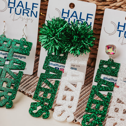 Officially Licensed University of Alabama Birmingham game day earrings in green and white glitter in your choice of 10 different earrings toppers by Half Turn Designs