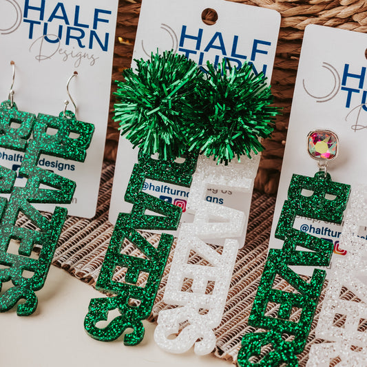 Officially Licensed University of Alabama Birmingham game day earrings in green and white glitter in your choice of 10 different earrings toppers by Half Turn Designs