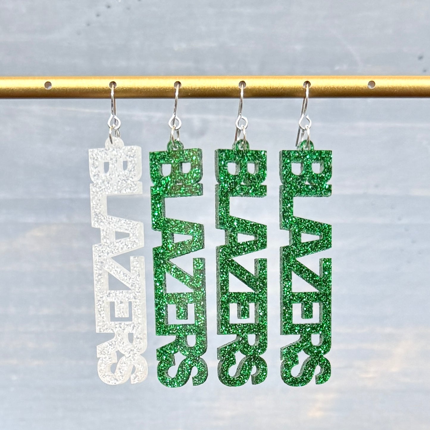 University of Alabama Birmingham Blazers earrings in green and white glitter acrylic