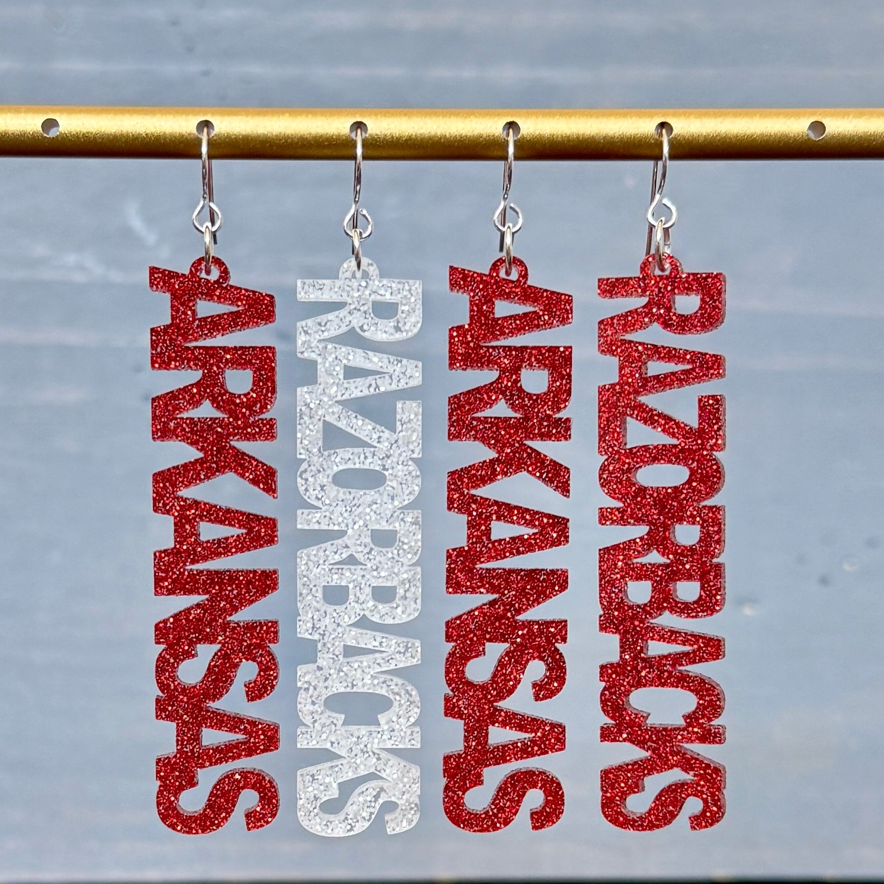 Razorbacks game day earrings in crimson and white glitter