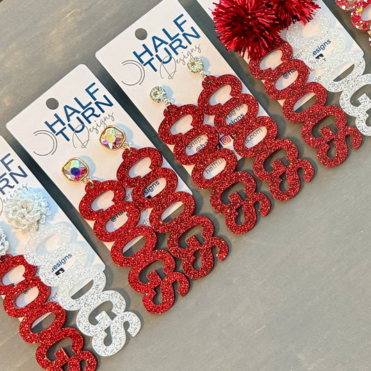 University of Houston COOGS earring collection in red and white glitter with multiple earring hook and topper options by Half Turn Designs