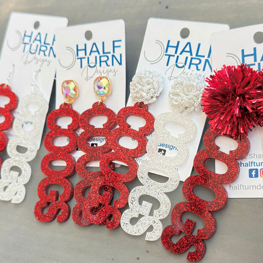 University of Houston COOGS earring collection in red and white glitter with multiple earring hook and topper options by Half Turn Designs